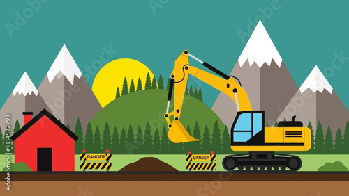 Heavy machinery excavator working on a construction site with a house and mountain landscape background