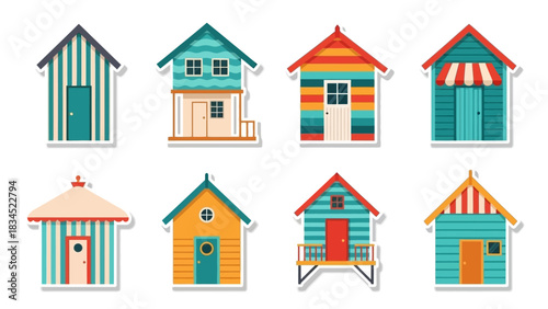A vibrant collection of colorful beach hut stickers and seaside cabin illustrations, perfect for summer travel and vacation designs 2026