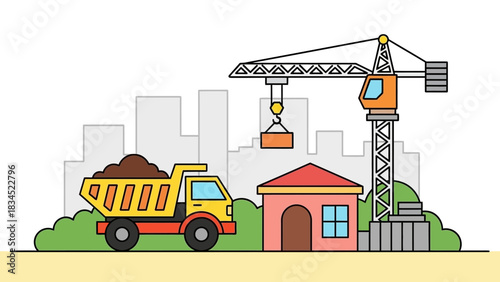 Industrial construction site with heavy machinery, including a tower crane and dump truck, building a residential house against an urban city skyline