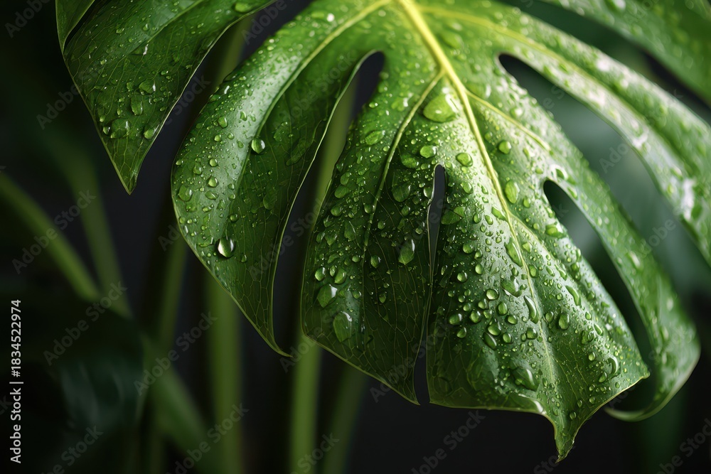 Obraz premium Close-Up of Monstera Leaf Glistening with Water Drops, Showcasing Lush Green Indoor Plant Beauty