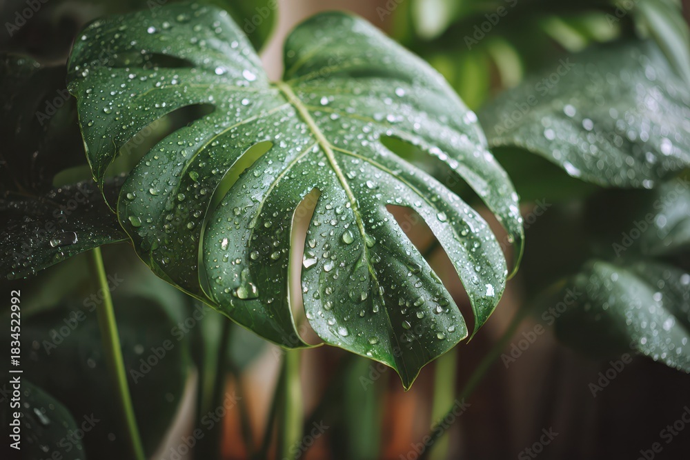 Obraz premium Close-Up of Monstera Leaf Glistening with Water Drops, Showcasing Nature's Beauty in Home Indoor Greenery