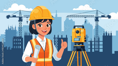 Professional woman surveyor in a hard hat giving a thumbs up on a construction project with a city skyline background