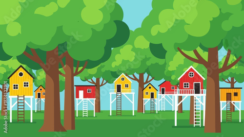 A whimsical village of colorful treehouses nestled in a lush green forest, representing a childhood dream and adventure