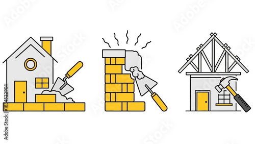 A modern line art icon set showing the house construction process. Vector illustrations of bricklaying, masonry, and roof framing for building projects