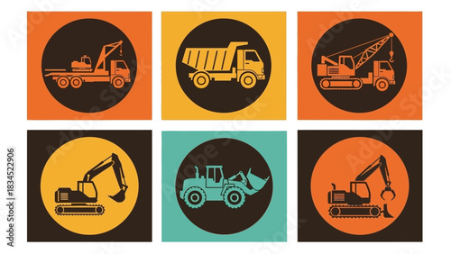 A set of six flat design icons featuring various construction vehicles like excavators, dump trucks, and cranes for industrial projects