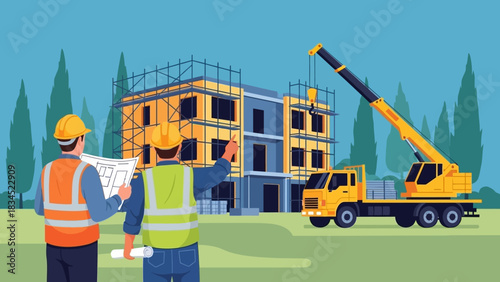 Engineers discussing a building project on a construction site with a mobile crane and scaffolding