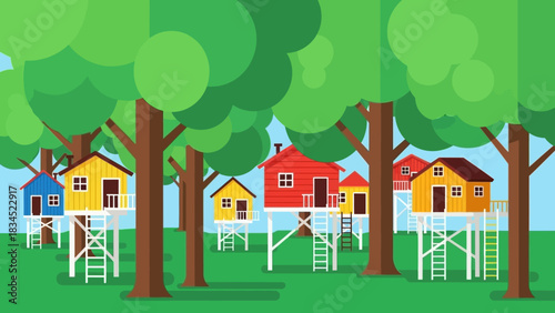 A charming village of colorful stilt houses nestled among the lush green trees of a fantasy forest illustration