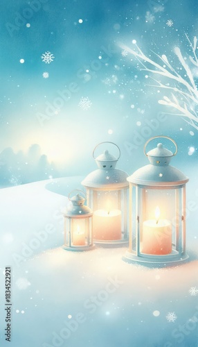 Three lanterns glowing in a snowy landscape with snowflakes falling from a light blue sky above them