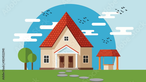 A tranquil illustration of a classic family house with a red roof, stone path, and water well in a green landscape