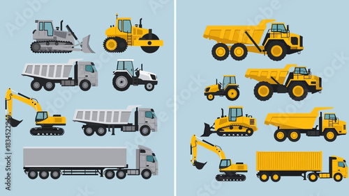 A diverse collection of heavy industrial machinery vector illustrations, featuring construction vehicles like dump trucks, excavators, and bulldozers