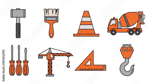 A collection of flat design vector icons representing the construction industry, including tools and heavy machinery 435