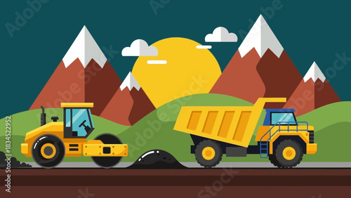 Flat design vector illustration of road construction with a steamroller and dump truck building a highway in a mountain landscape