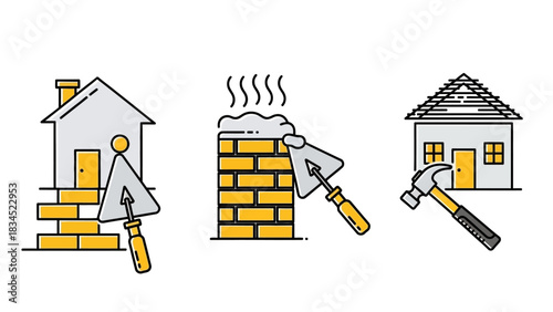 Vector icon set illustrating the process of home building and renovation, featuring masonry, bricklaying with a trowel, and carpentry with a hammer 2026