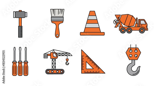 Essential building and construction work tool icon collection featuring heavy machinery and repair equipment in a line art style