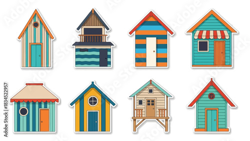A charming collection of colorful beach hut illustrations, designed as a set of stickers for summer and seaside themes