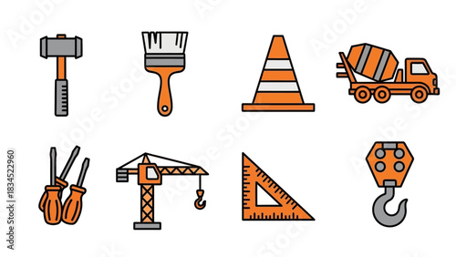 A professional set of vector line icons for the construction and building industry, featuring essential tools and heavy equipment