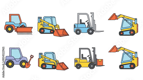 Vector set of construction and warehouse heavy equipment icons. Flat design illustration of skid steer loaders and forklifts for industrial use