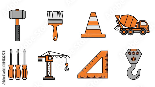 A collection of colorful flat line icons for the construction industry, featuring tools and heavy machinery for building and engineering projects