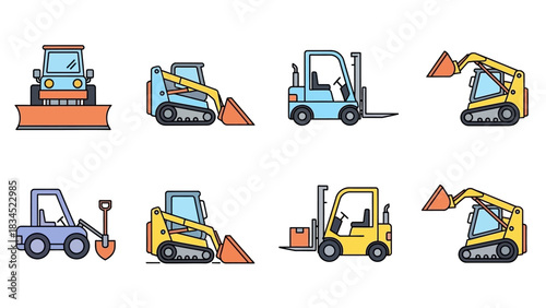 A collection of colorful flat line industrial vehicle icons. Set includes forklift, loader, and snowplow transport 2026