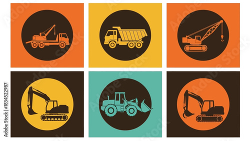 Vector illustration collection of heavy machinery and construction equipment icons for industrial and building projects