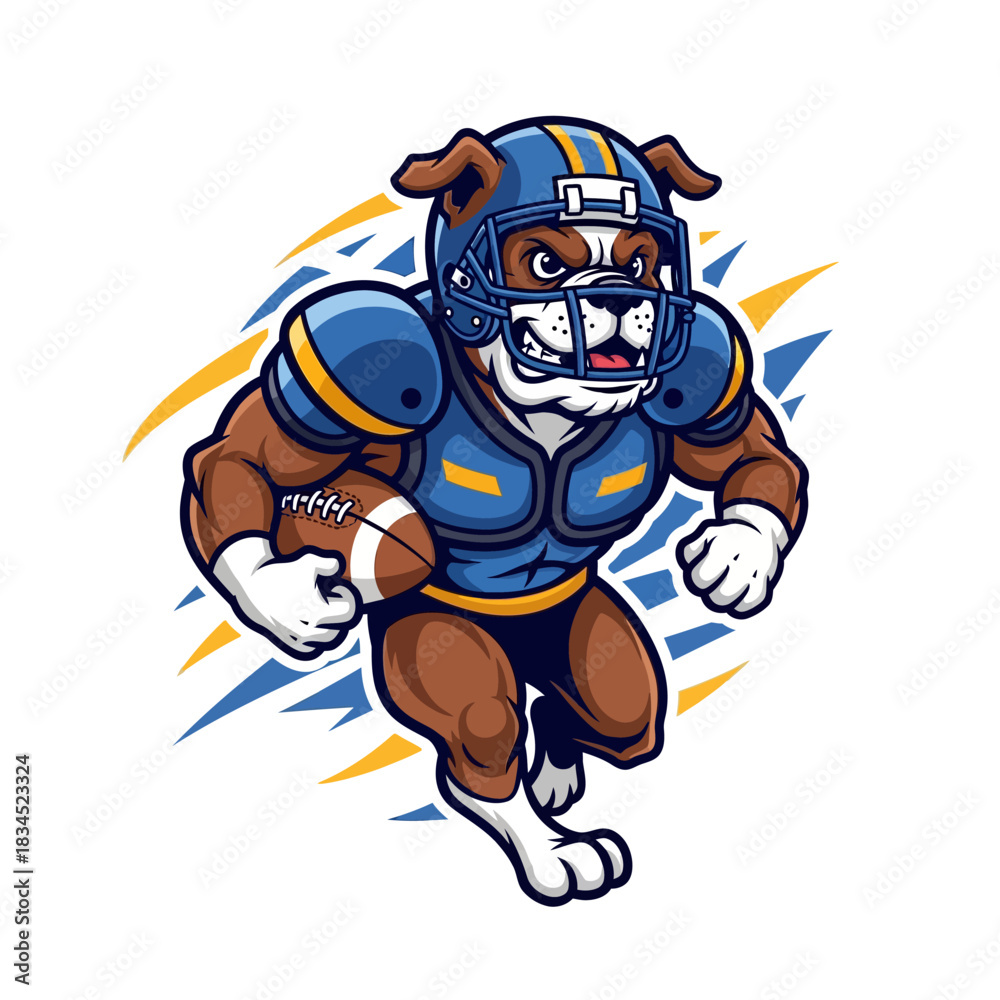 Obraz premium Aggressive bulldog mascot wearing football uniform running with the ball, vector illustration