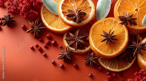 Wallpaper Mural Festive Christmas Still Life with Sliced Oranges, Star Anise, and Red Berries on a Vibrant Orange Background with Soft Lighting, Holiday Cheer Torontodigital.ca