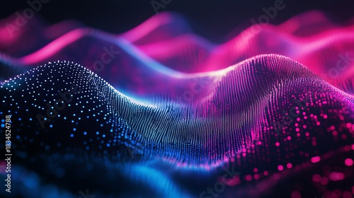 Stunning vibrant abstract gradient with flowing waves of glowing blue and pink dots perfect for modern tech, science, or futuristic projects