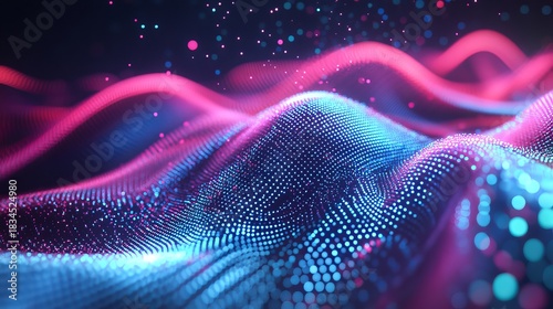 Stunning abstract landscape formed by pink and blue glowing particles, perfect for technology and futuristic designs, creating a vibrant and dynamic scene