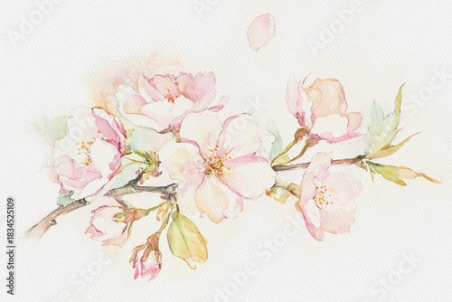 Sakura flowers on white aquarelle background