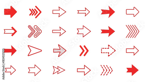 A collection of red and white arrows pointing to the right, arranged in four rows on a white background, showcasing various styles and designs.