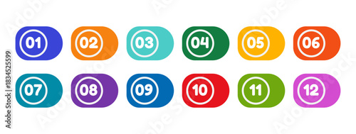 Colorful bullet points set of numbers from zero to twelve. Multicolored circles and numbers. Set of markers with numbers. Vector flat icons isolated on white background