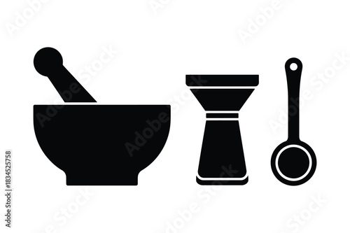Mortar pestle jigger and spoon icons for pharmacy and bar