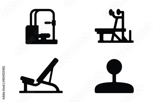 Four black silhouettes of gym equipment on white background