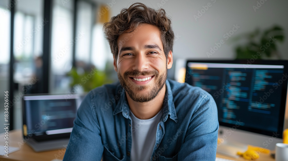 Fototapeta premium Smiling faceless software engineer facing camera while positioned at desk with multiple computing devices, positive tech professional, confident developer portrait, happy workplace