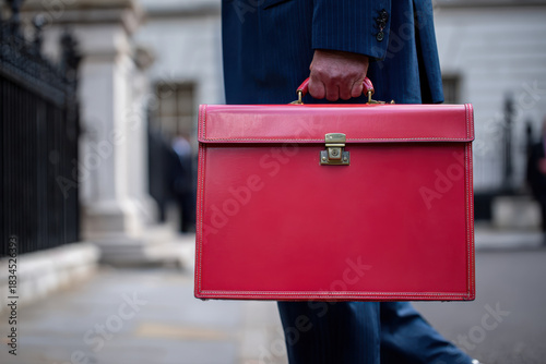 Red UK Budget Briefcase Held by Businessperson