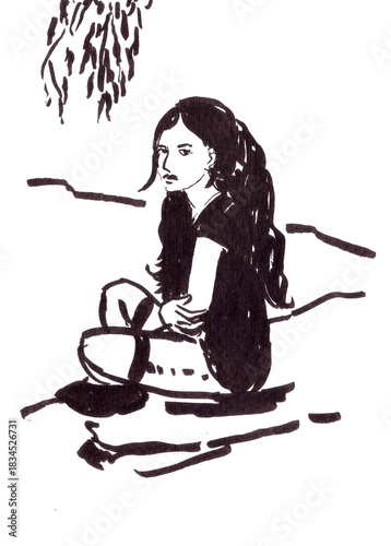 girl sitting on the river bank, graphic black and white sketch