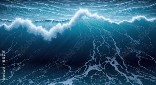 Fototapeta Naklejka Na Ścianę i Meble -  Deep blue ocean wave with white foam crest and turbulent water.