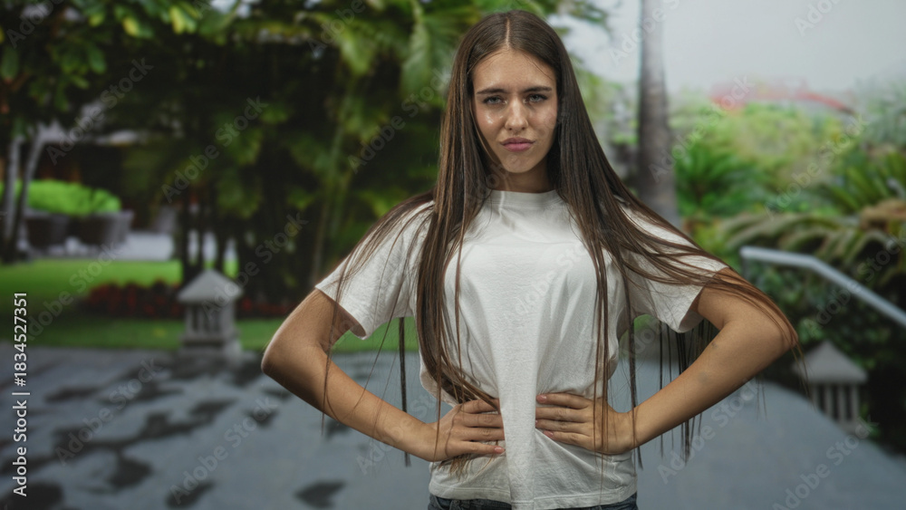 Naklejka premium Teenage girl hands on hips posing in a garden wearing white tshirt with long hair and a pout expression; defiance attitude.
