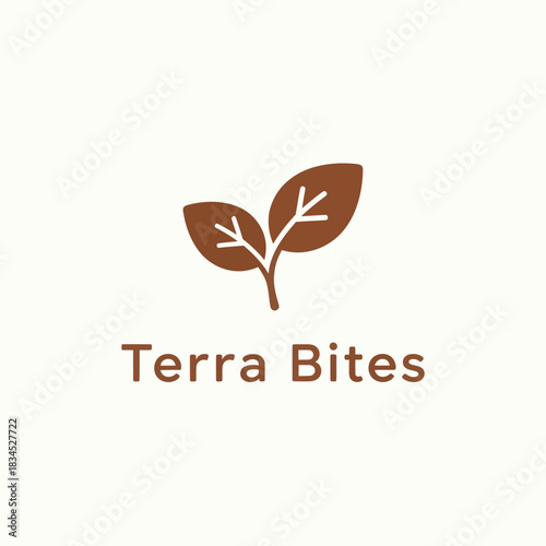 Terra Bites logo featuring two brown leaves and a stem representing nature and healthy eating.