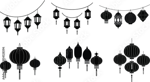 Elegant silhouette lanterns and garland decorations for ramadan and islamic celebrations