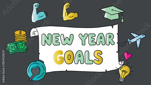 Colorful New Year Goals Illustration on a Scroll with Career Academic Travel Money Fitness Health and Inspiration Icons Representing Aspirations and Positive Change