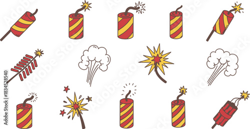 Collection of Festive Firecrackers and Explosions for Celebrations and Events with Cartoon Style Design and Red and Yellow Coloring on White Backdrop