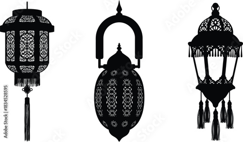Elegant silhouette of three ornate ramadan lanterns for festive celebrations