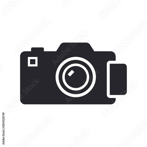 Simple Black Camera Icon with White Lens and Viewfinder Details.