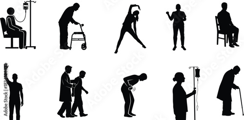 Silhouettes of patients in various stages of recovery and rehabilitation