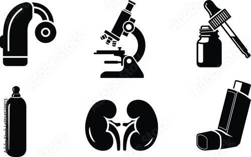 Black and white medical equipment icons for healthcare and science