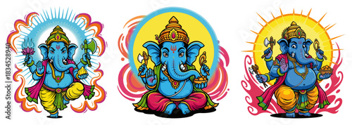 Lord Ganesha Trio with Halo Colorful Hindu Elephant Deity Set Vector