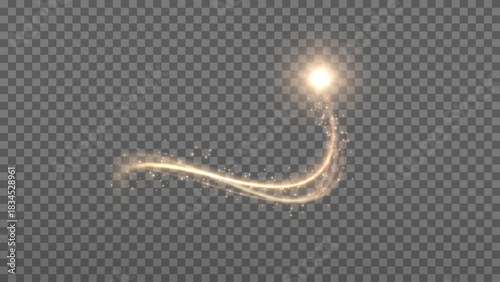 Glowing golden dust swirl with luminous particles and magical curved trail on transparent background.
