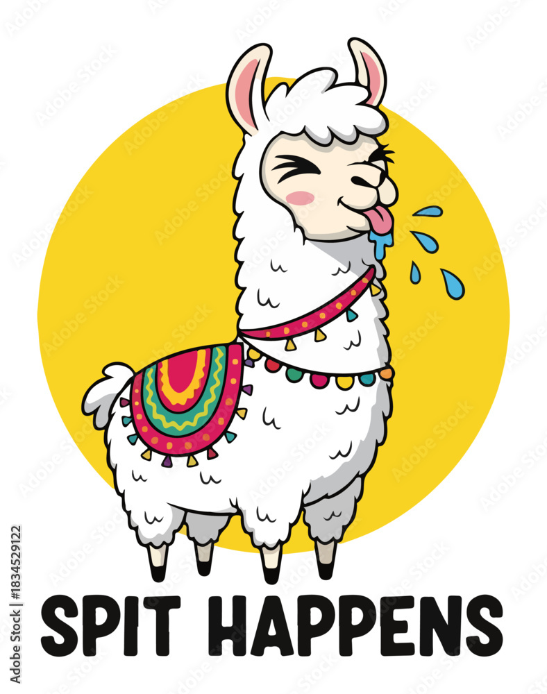 Naklejka premium Funny Spitting Llama Pun Spit Happens. Cute Cartoon Alpaca Vector Illustration.