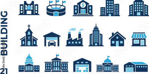 A Comprehensive Collection of Blue Building Icons Illustrating City Architecture, Commercial Structures, Public Services, and Residential Properties for Graphic Design and Urban Planning Concepts,